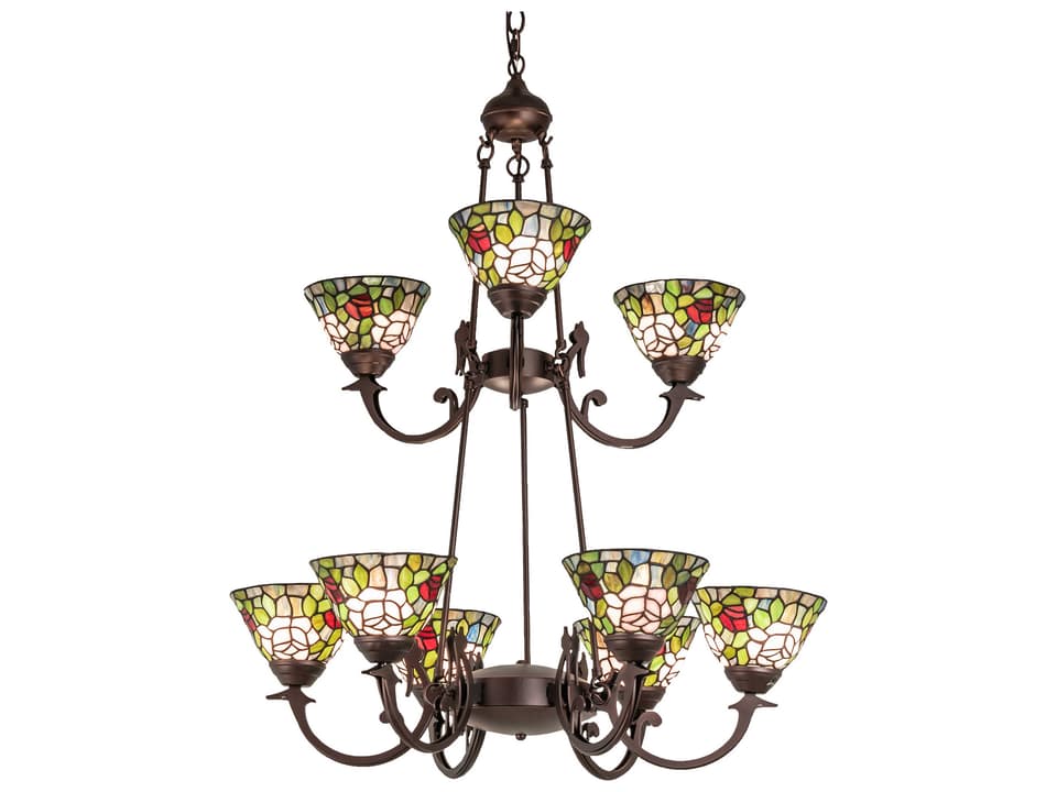 Tiffany Roman 9-Light Tiered Chandelier in Mahogany Bronze with Stained Glass