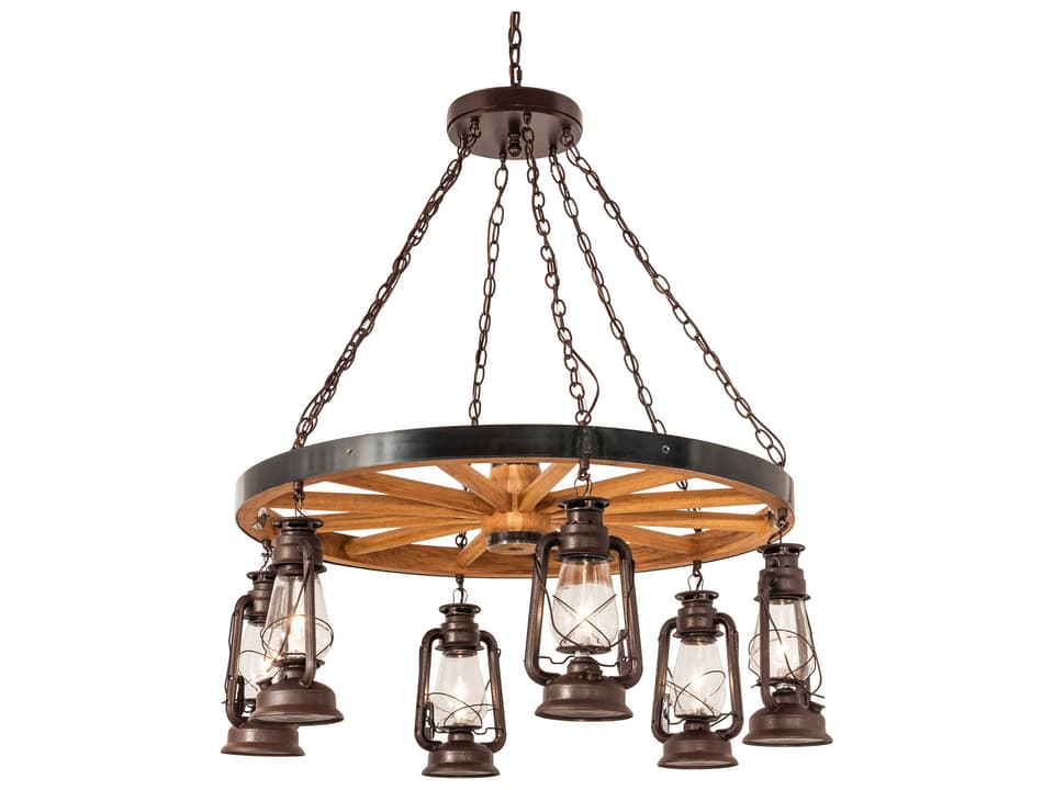 Miners Lantern Wagon Wheel 6-Light Chandelier in Rust Black with Natural Wood