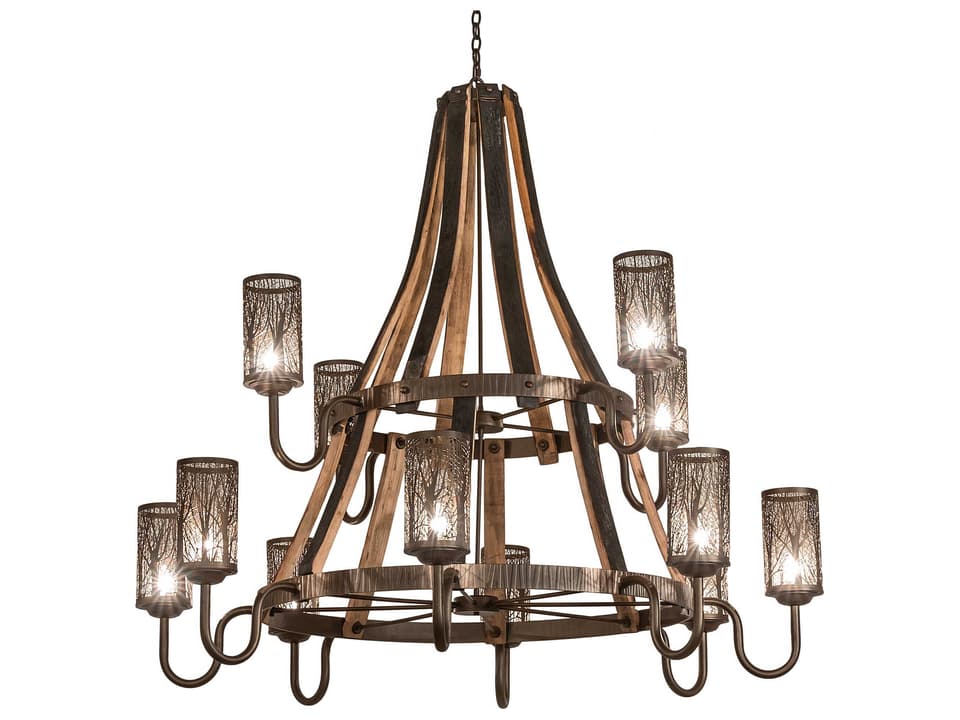 Barrel Stave 12-Light Winter Maple Tiered Chandelier in Bronze and Charred Wood