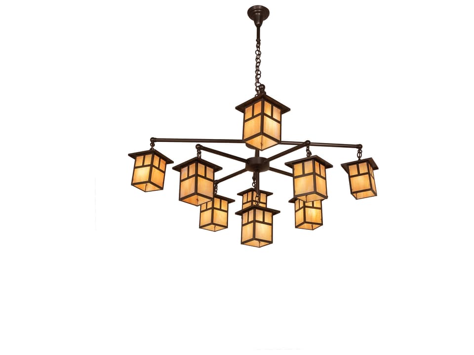 9-Light Hyde Park Mission Craftsman Chandelier in Brown with Iridescent Glass