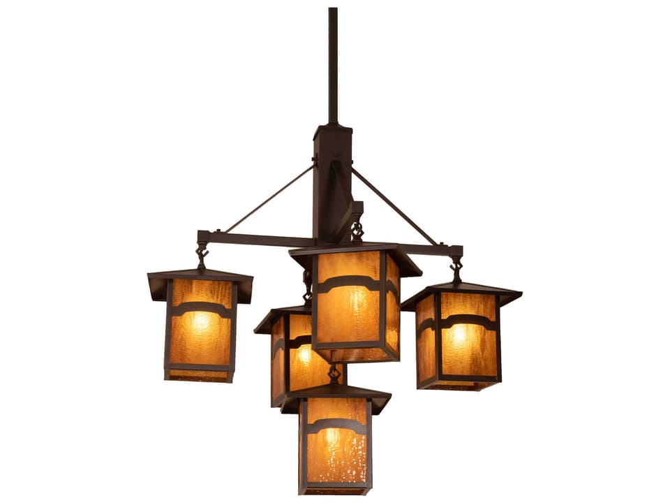 Seneca 5-Light Craftsman Brown Glass Lantern Chandelier with Beige Glass