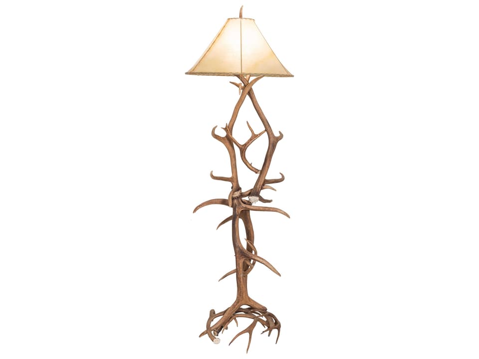 Antlers Wood Floor Lamp with Natural Rawhide Shade in Rustic Beige