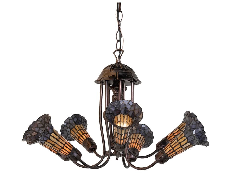 Tiffany 7-Light Stained Glass Pond Lily Chandelier with Honey and Purple Art Glass