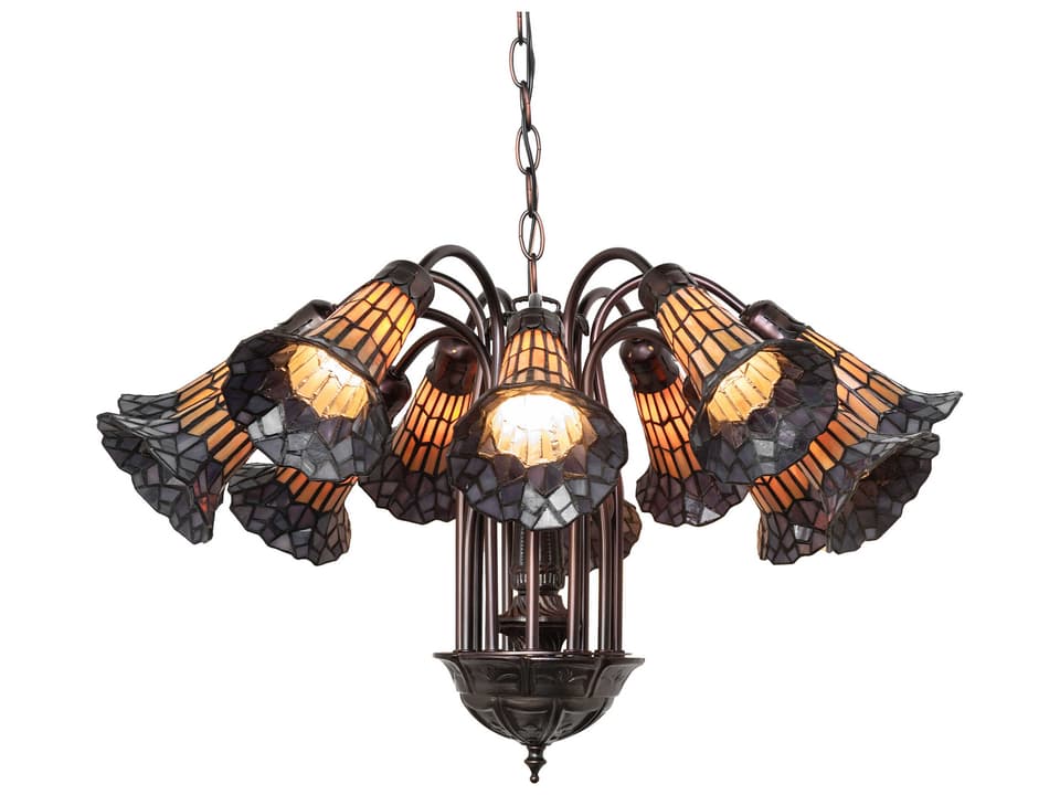 Stained Glass Pond Lily 12-Light Mahogany Bronze Bell Chandelier