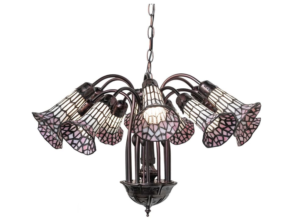 Stained Glass Pond Lily 12-Light Mahogany Bronze Bell Chandelier