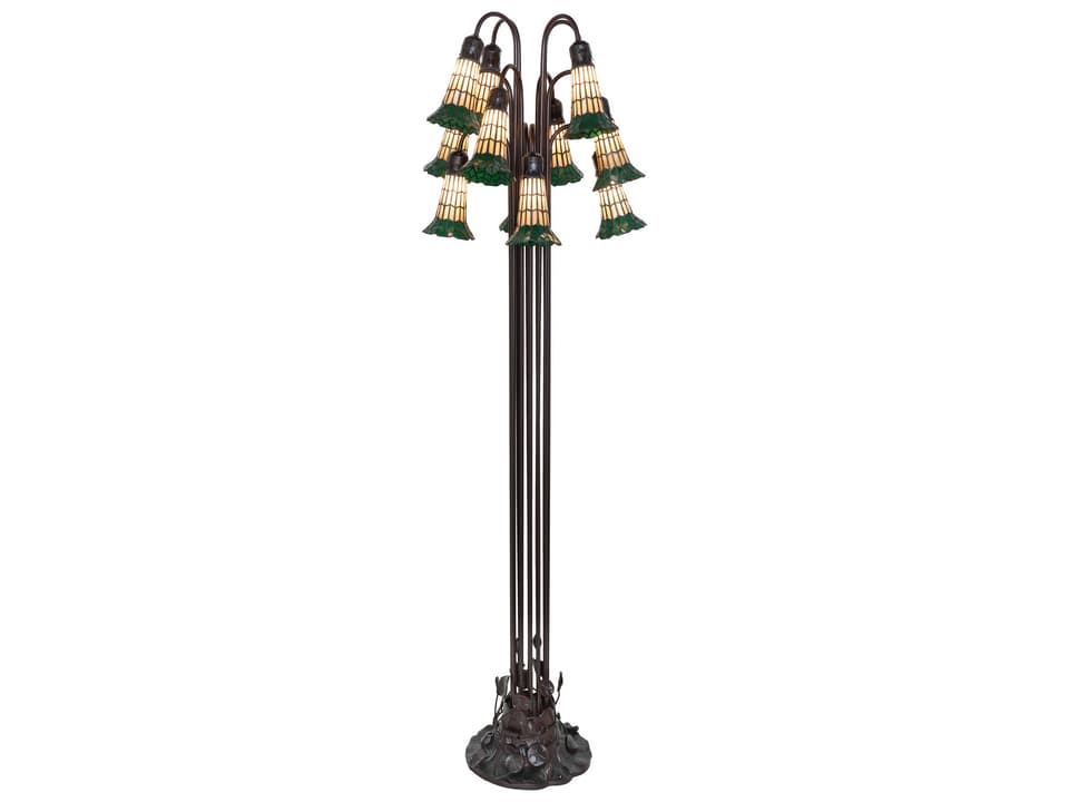 Tiffany Pond Lily 12-Light Floor Lamp in Mahogany Bronze with Honey and Green Stained Glass