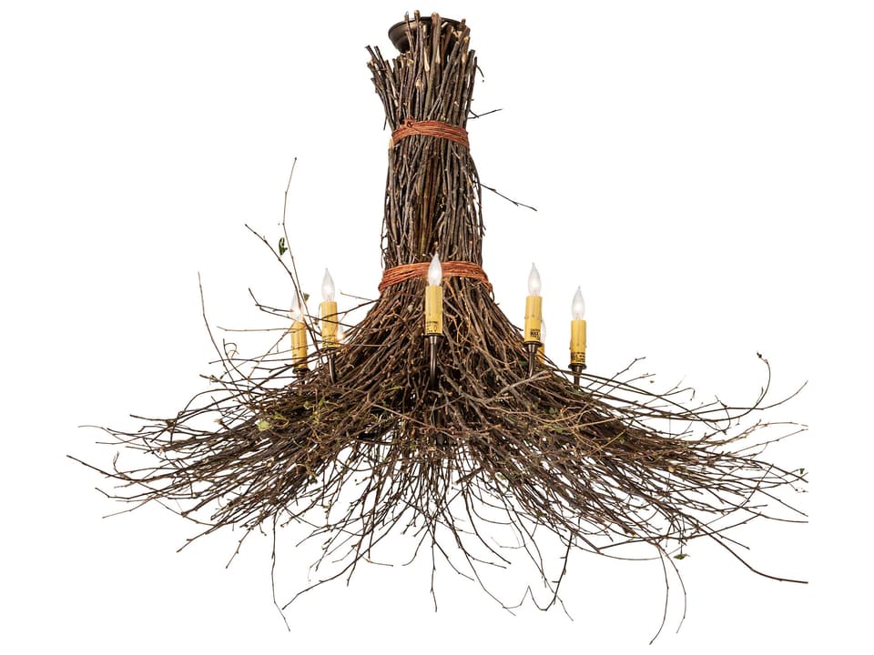 Twigs 8-Light Candelabra Chandelier in Antique Copper and Natural Wood