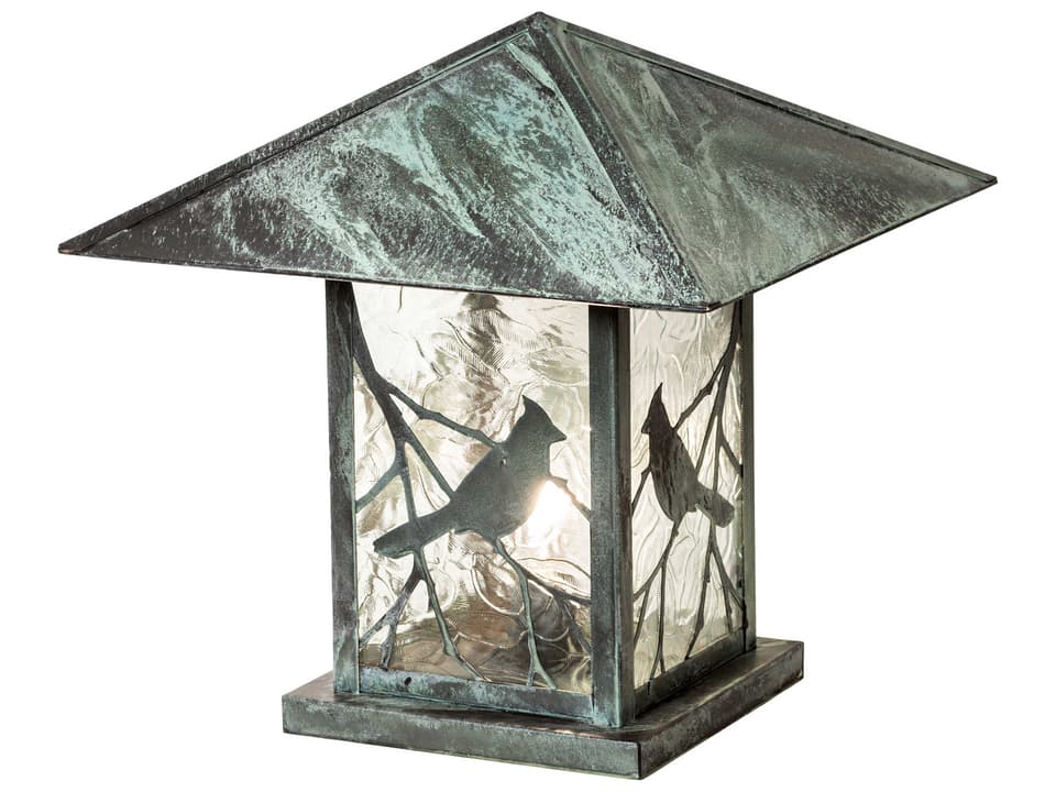 Seneca Song Bird 1-Light Outdoor Post Light in Verdigris with Seeded Glass