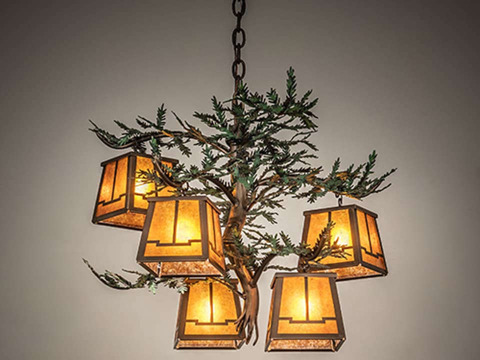 Pine Branch Valley View 5-Light Tiffany Lantern Chandelier in Antique Copper