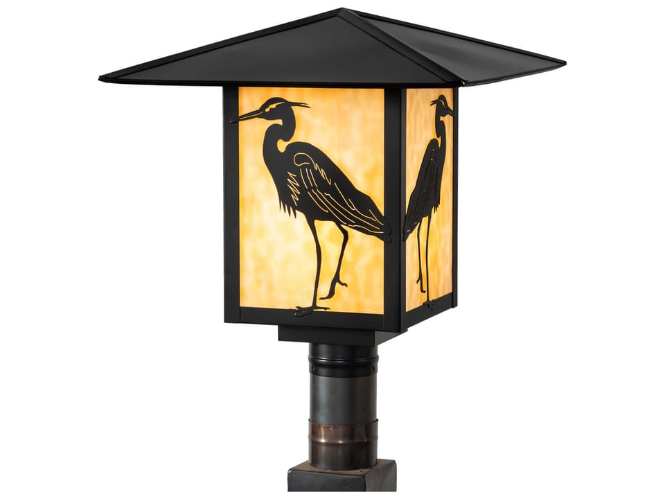Seneca Heron 1-Light Outdoor Post Light in Black with Beige Art Glass