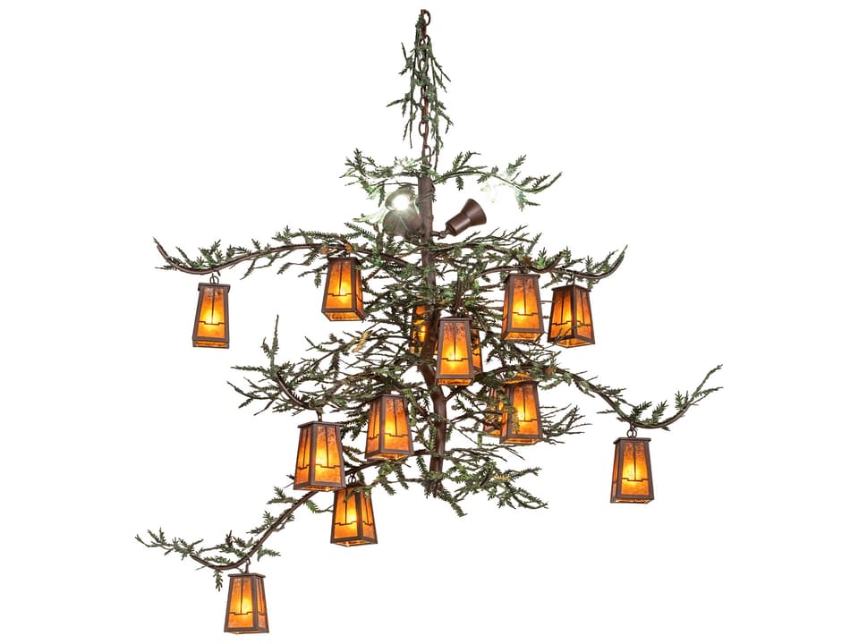 Pine Branch Valley View 15-Light Lantern Chandelier in Cafe-Noir with Amber Mica