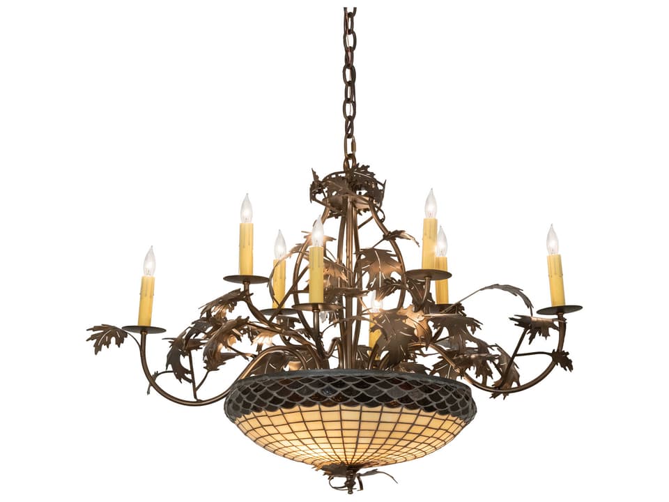 Greenbriar Oak 11-Light Antique Copper Stained Glass Chandelier