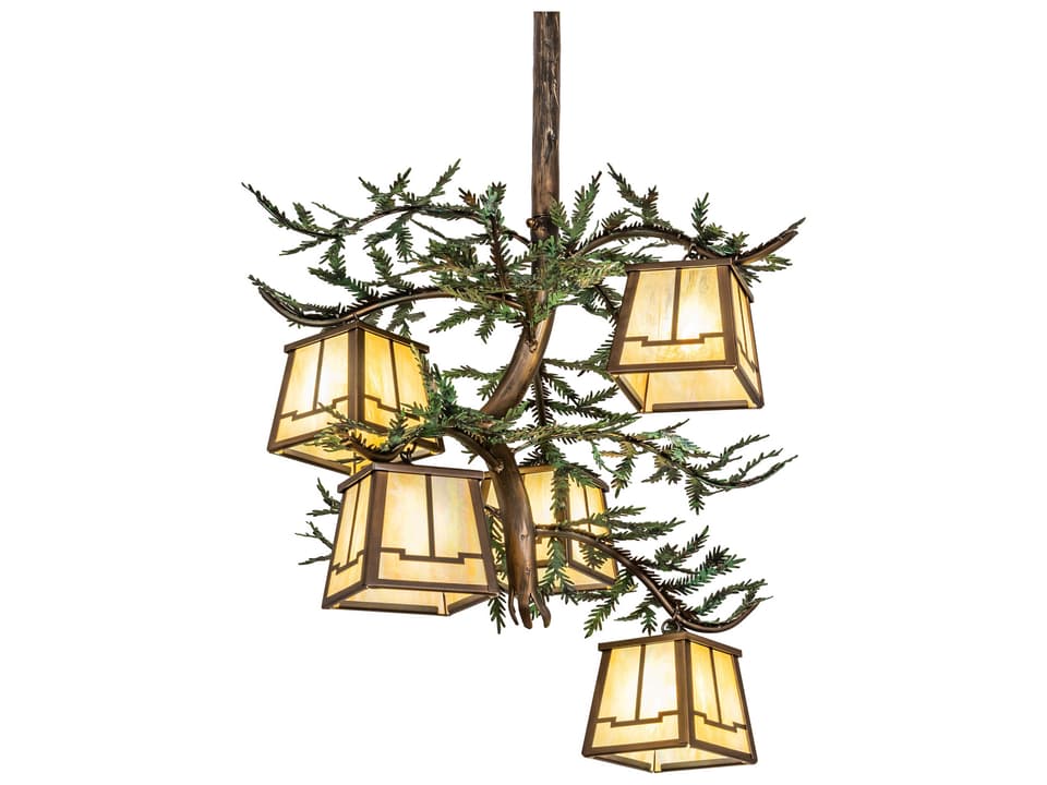Pine Branch 5-Light Antique Copper Lantern Chandelier with Beige Iridescent Glass