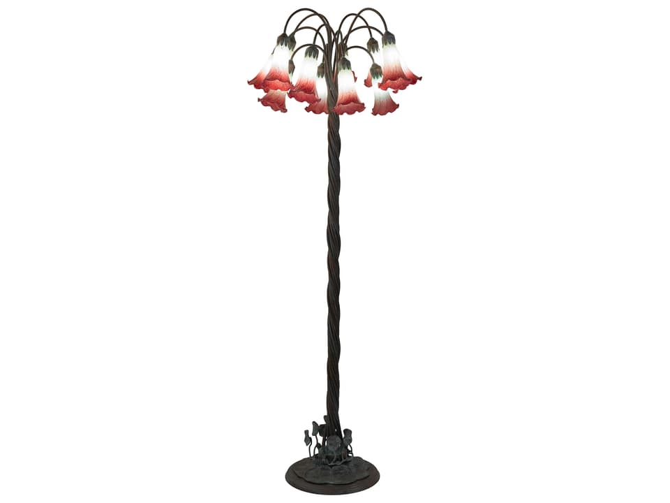 Tiffany Pond Lily 12-Light Floor Lamp in Mahogany Bronze with Pink and White Glass