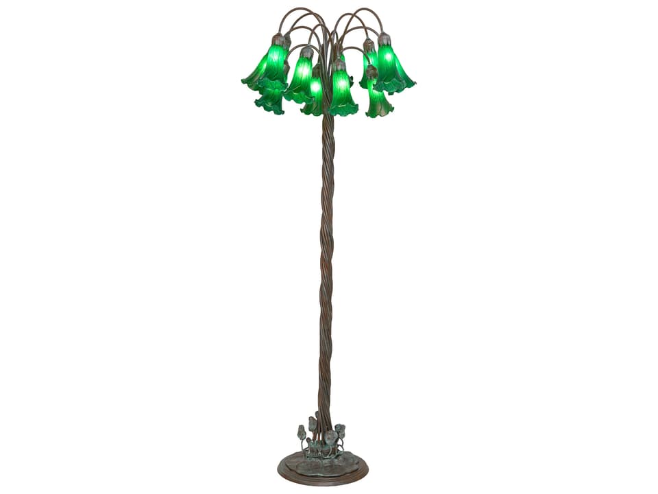 Tiffany Pond Lily 12-Light Floor Lamp in Bronze with Green Art Glass