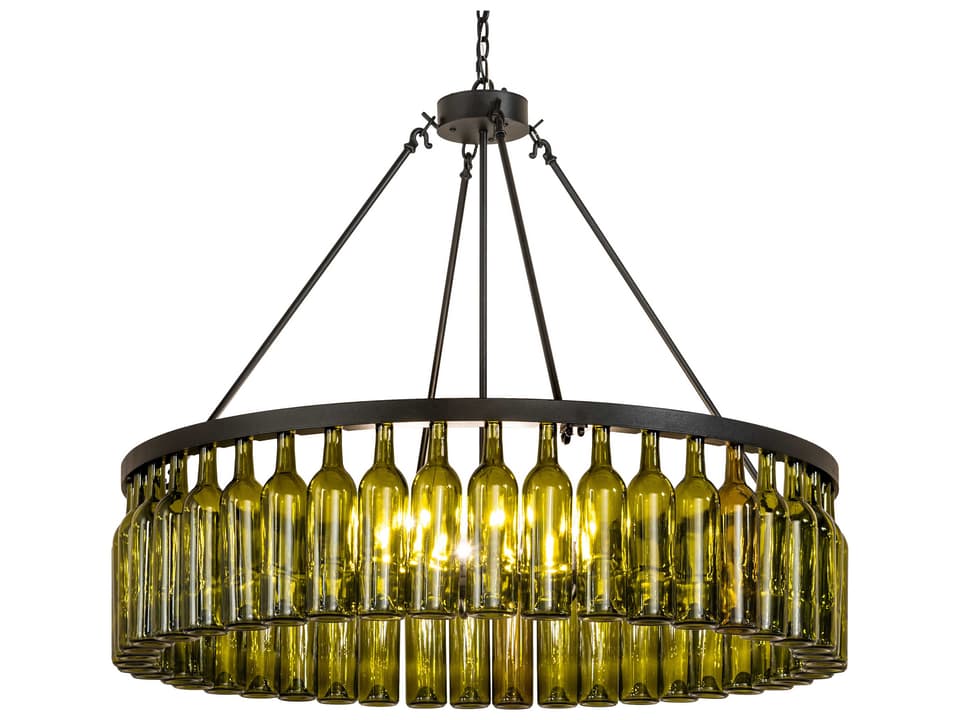 Tuscan Vineyard 6-Light Chandelier in Textured Black with Green Wine Bottles