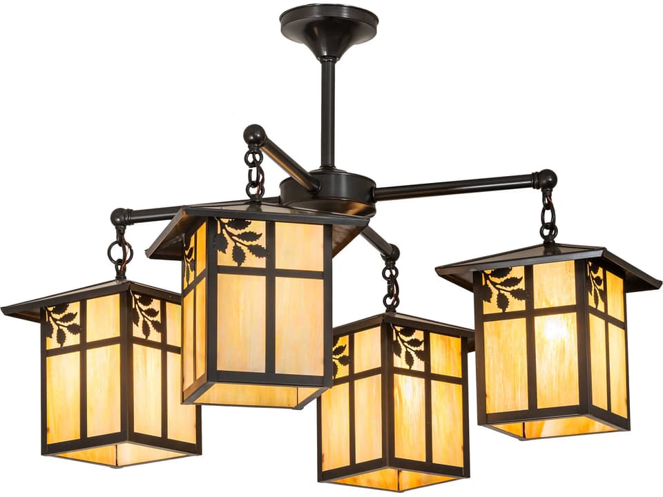 Seneca 4-Light Outdoor Hanging Light in Craftsman Brown with Beige Iridescent Glass