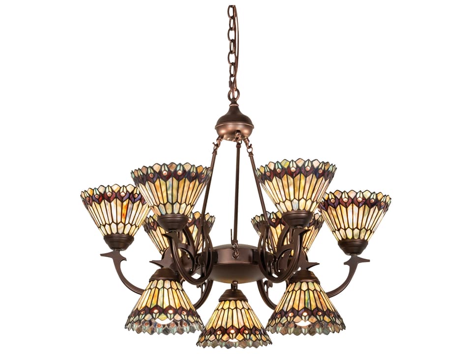 Tiffany Jeweled Peacock 9-Light Chandelier in Mahogany Bronze