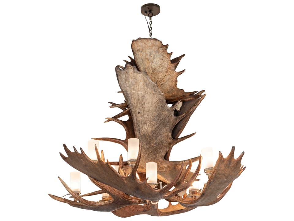 Antlers Moose 12-Light Chandelier in Antique Brass with Frosted Glass