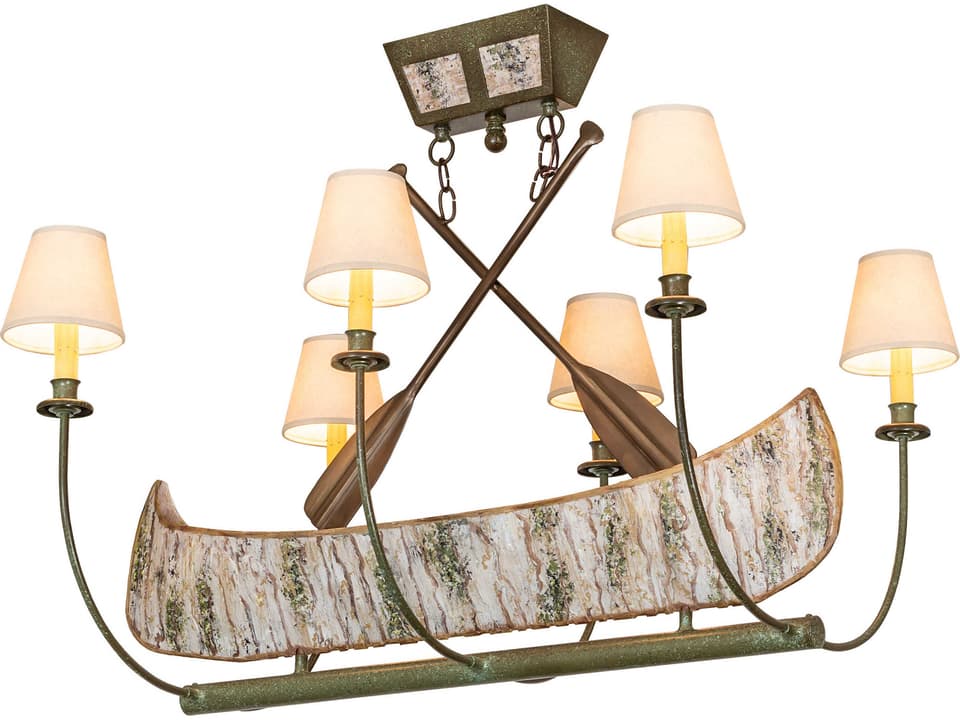 Canoe 6-Light Linear Chandelier in Tarnished Copper with Parchment Shades