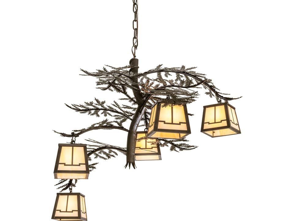 Tiffany Pine Branch 5-Light Craftsman Brown Chandelier with Beige Art Glass