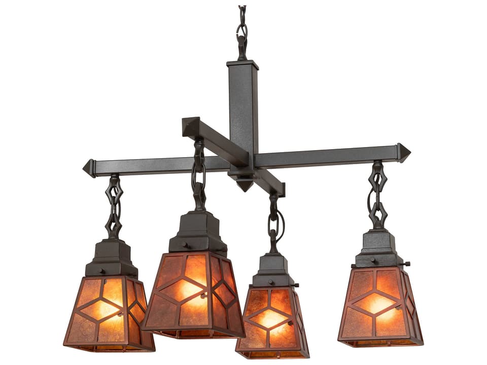 4-Light Bungalow Mission Chandelier with Amber Mica Shades in Mahogany Bronze