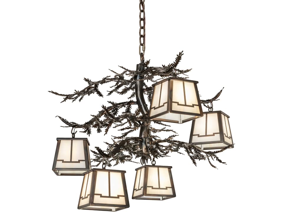 Pine Branch 5-Light Chandelier with Beige Art Glass and Dark Burnished Antique Copper