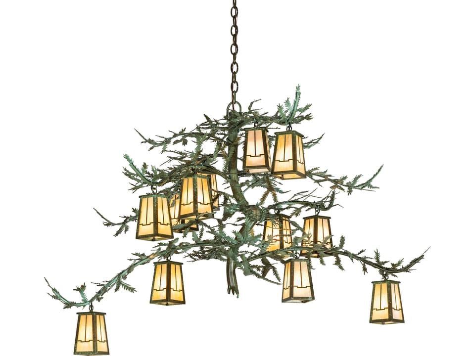 Pine Branch 12-Light Beige Iridescent Glass Chandelier with Tarnished Copper and Green Accents