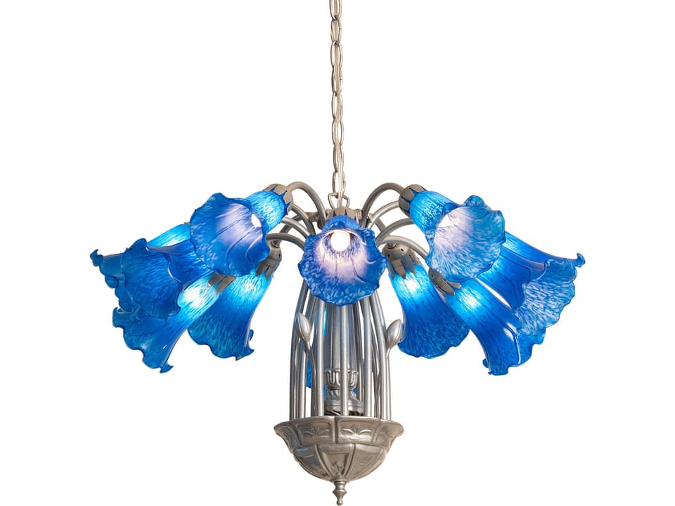 Blue Tiffany Pond Lily 12-Light Chandelier in Mahogany Bronze