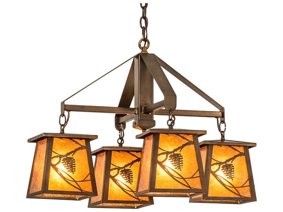 Whispering Pines 4-Light Lantern Chandelier in Antique Copper with Amber Mica