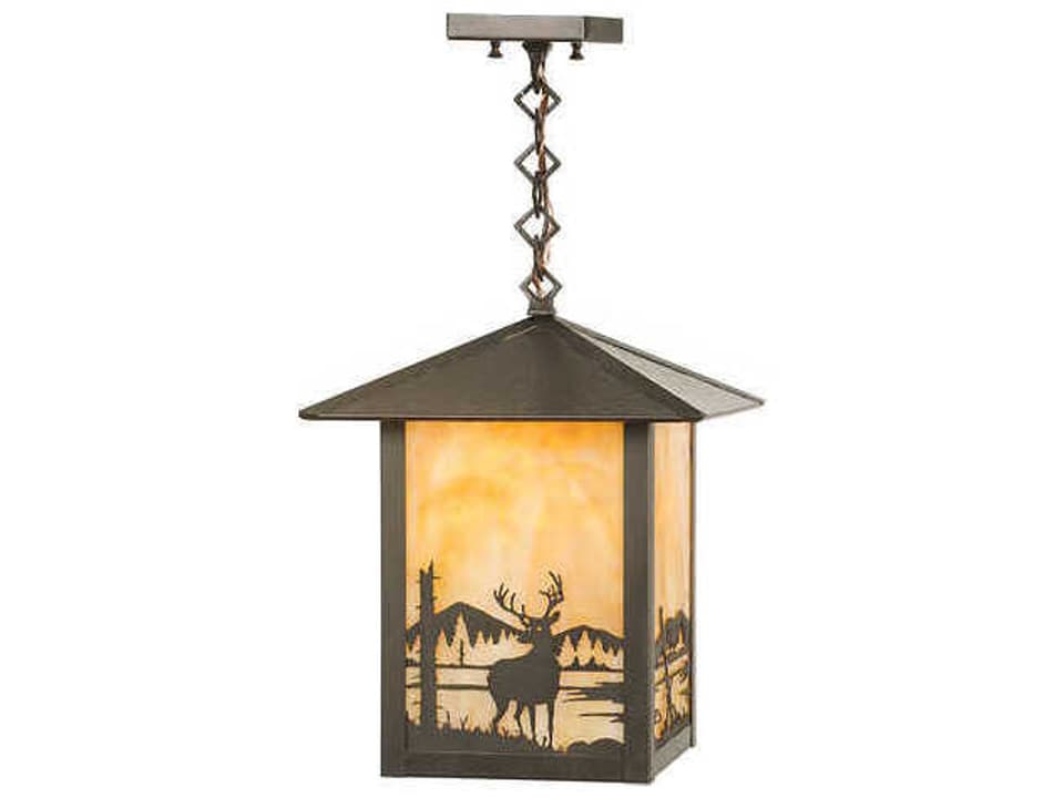 Seneca 1-Light Outdoor Square Pendant in Craftsman Brown with Beige Art Glass
