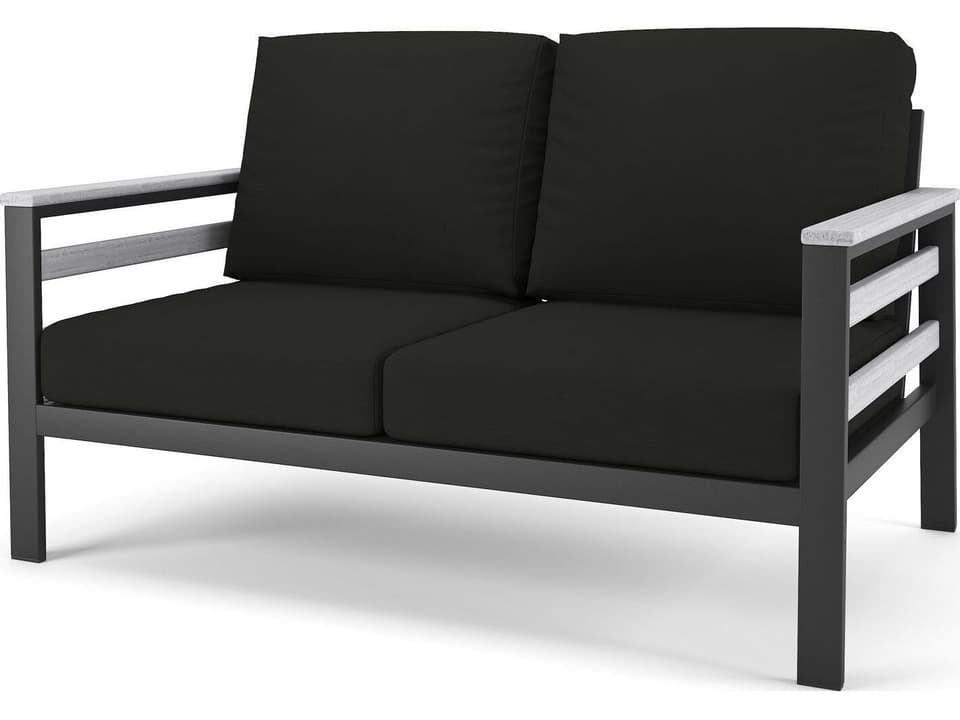 Hanover Slat Dark Gray Frame Loveseat in Seashell Tangent Arms and Side Slats