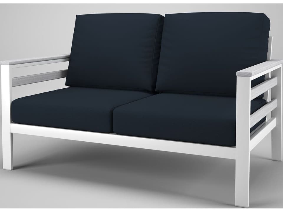 Hanover Slat White Loveseat in Seashell Tangent Arms and Side Slats
