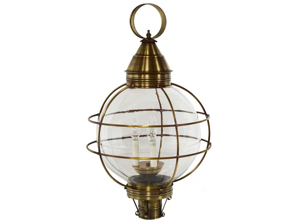 Round Onion 3-Light Outdoor Post Lantern in Antique Brass with Clear Seedy Glass