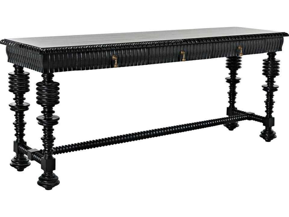 Portuguese Console Table in Hand Rubbed Black Wood with Brass Pulls