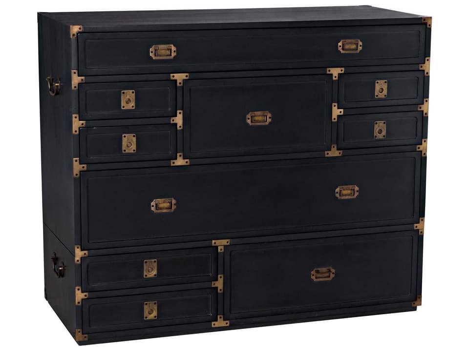 black campaign dresser Hollywood Regency, Satin Black Wood, Brass, Campaign Dresser USA, 1970