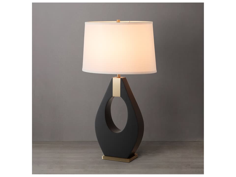 of California Pearson Table Lamp in Ebony Wood Weathered Brass and Off White Linen