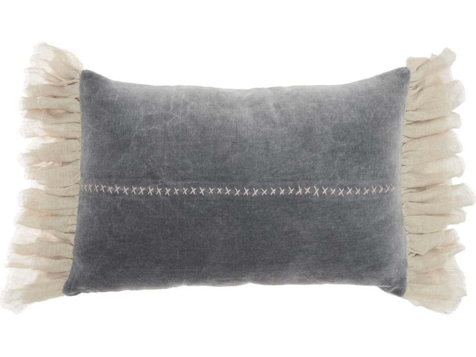 Mina Victory Sofia Beaded Floral Cotton Lumbar Pillow in Dark Grey 14x22