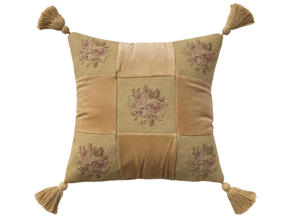 Mina Victory Vintage Floral Checkers Gold 18x18 Throw Pillow
