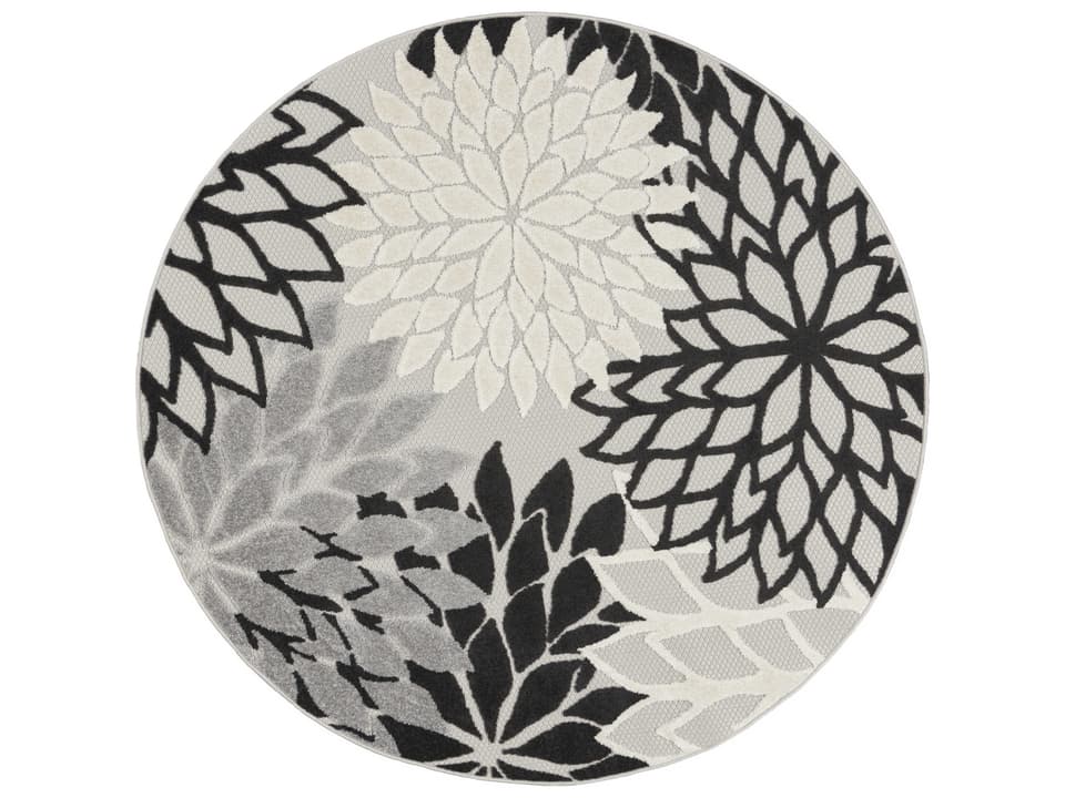 Aloha Floral Indoor Outdoor Round Area Rug in Black White Grey