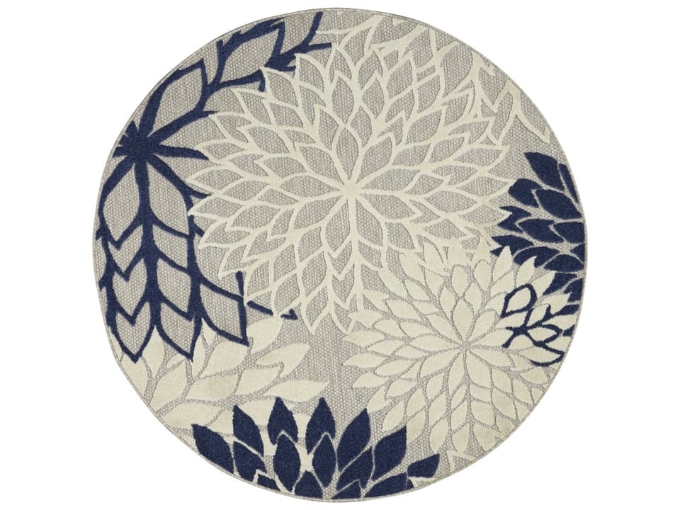 Aloha Collection Floral Indoor Outdoor Round Rug in Ivory and Navy