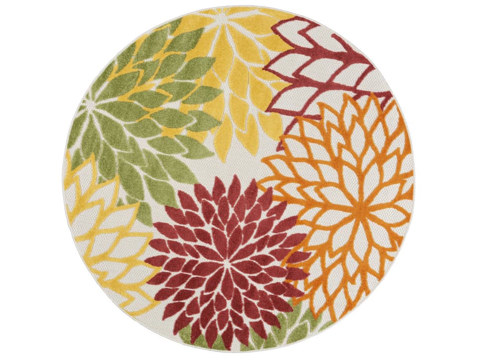 Aloha ALH05 Round Floral Indoor Outdoor Rug in Red Multi-Colored
