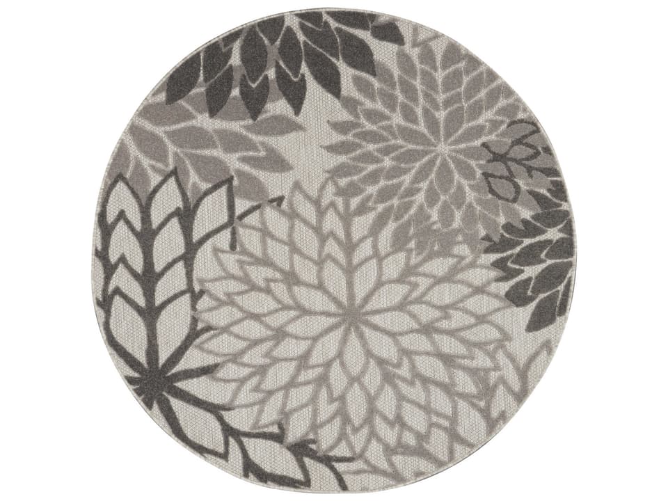 Aloha 5'3 Round Indoor Outdoor Area Rug Silver Grey Floral Pattern
