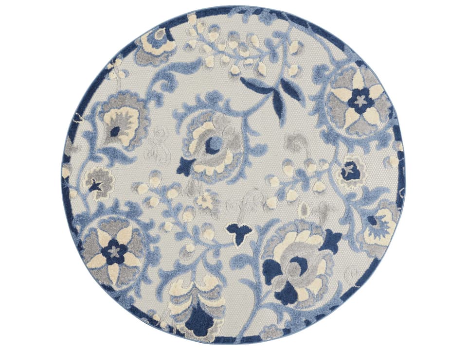 Aloha ALH17 Blue Grey Floral Indoor Outdoor Round Area Rug