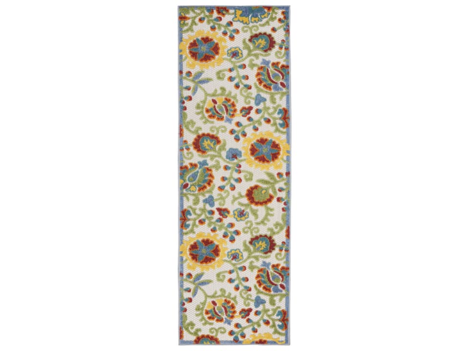 Aloha Floral Indoor Outdoor Runner Rug in Ivory and Multicolor 2'3" x 12'
