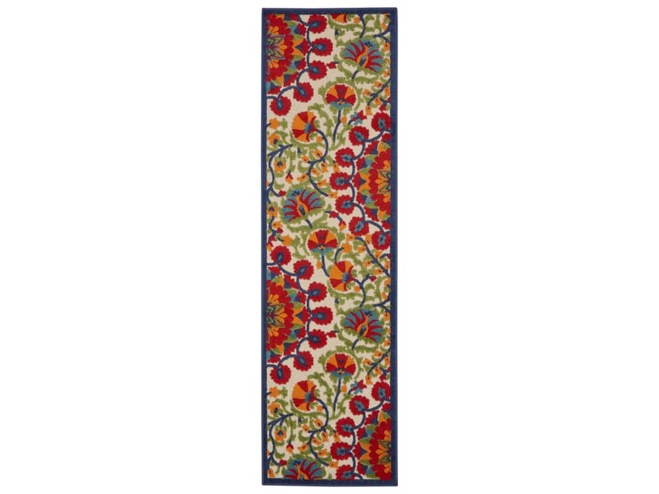 Aloha Collection Indoor Outdoor Floral Runner Rug in Red Multi with Twisting Vines
