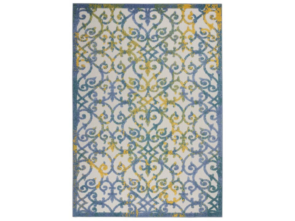 Aloha Ivory Blue Indoor Outdoor Rectangle Area Rug with Scrolling Floral Design