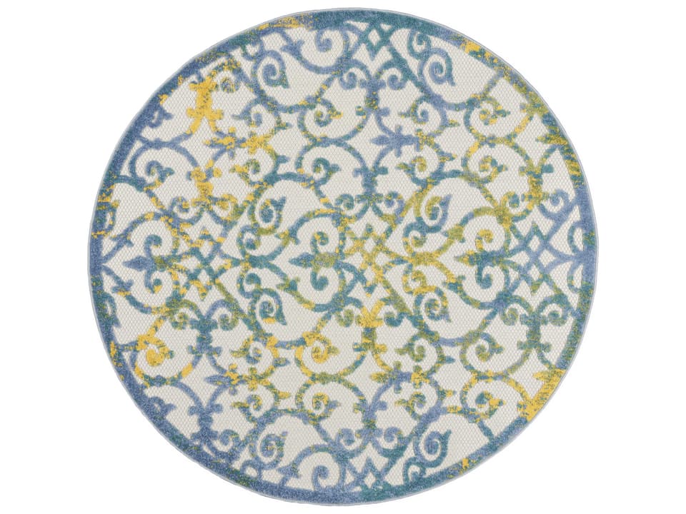 Aloha ALH21 Ivory Blue Indoor Outdoor Runner Rug with Scrolling Floral Design