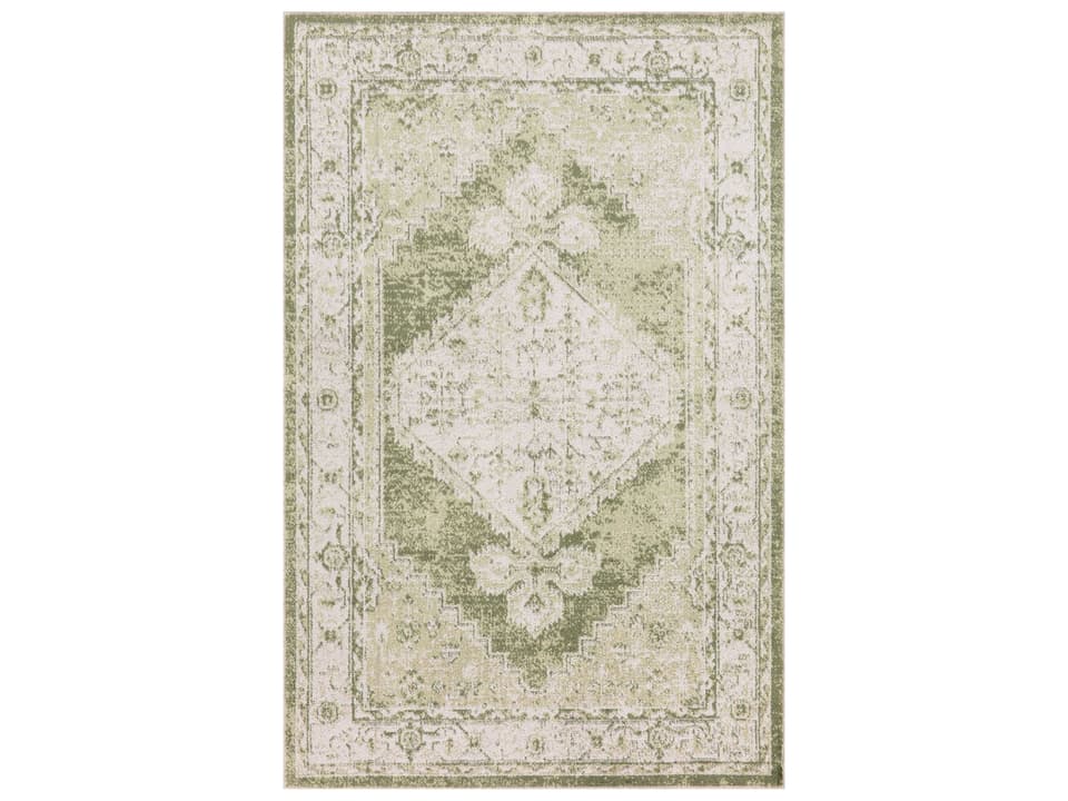 Astra Machine Washable Ivory Green Rectangle Area Rug with Vintage Floral Medallion Pattern