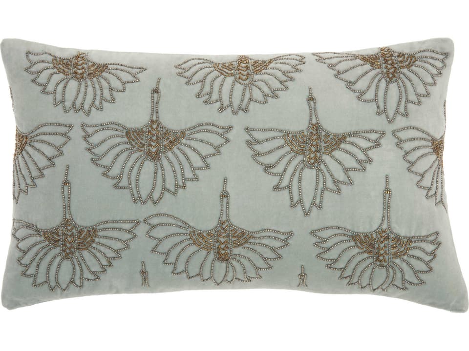 Sofia Lumbar Throw Pillow Beaded Floral Cotton Velvet Celadon